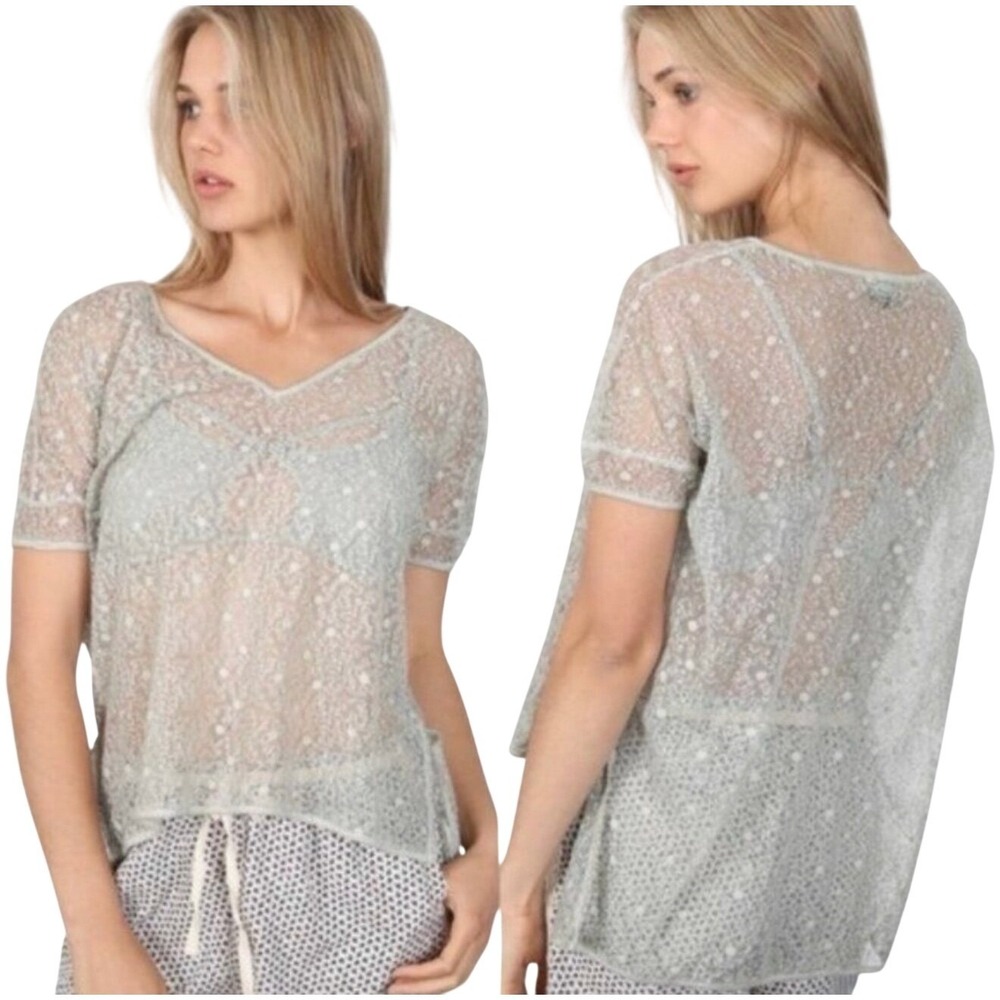 POL Top Women SM White Sheer Floral Lace Mesh Festival Concert Boho Blouse